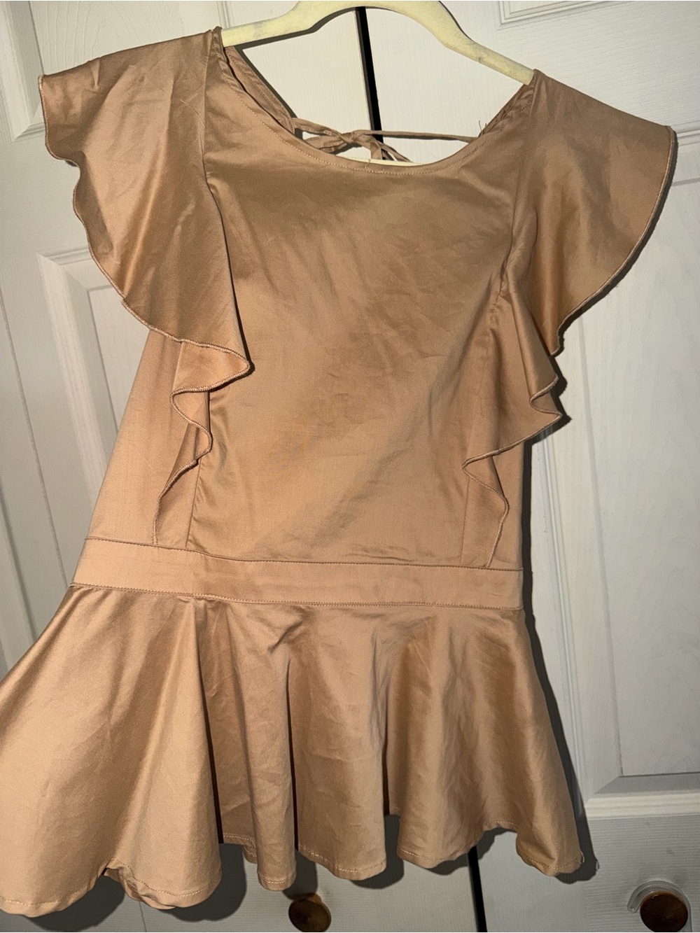 After Market ruffled tan blouse with open tie back